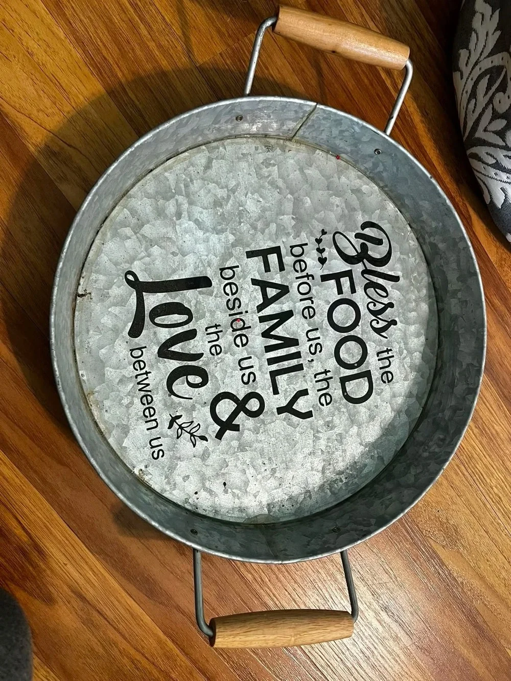 Galvanized Metal Round Serving Tray with Wooden Handles - Gray